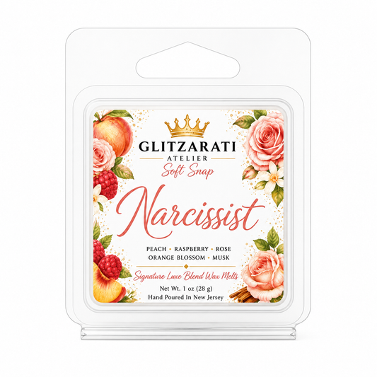 Narcissist | Signature Luxe Blend Wax Melt | Peach, Raspberry, Rose, Musk & Sandalwood | 1 oz Clamshell | Glitzarati Atelier™