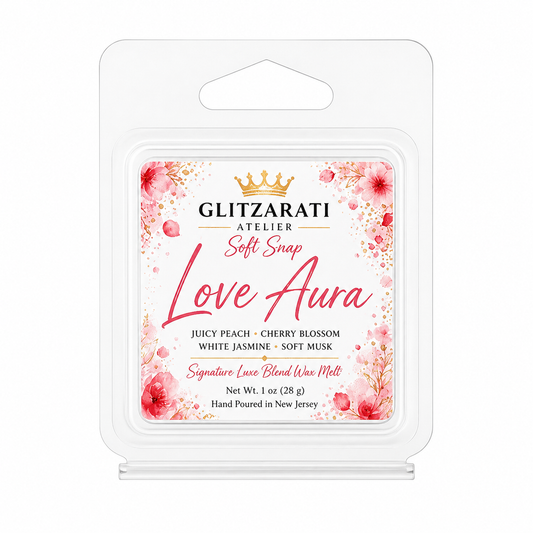Love Aura | Signature Luxe Blend Wax Melt | Apple, Peach, Cherry Blossom & Soft Vanilla | 1 oz Clamshell | Glitzarati Atelier™