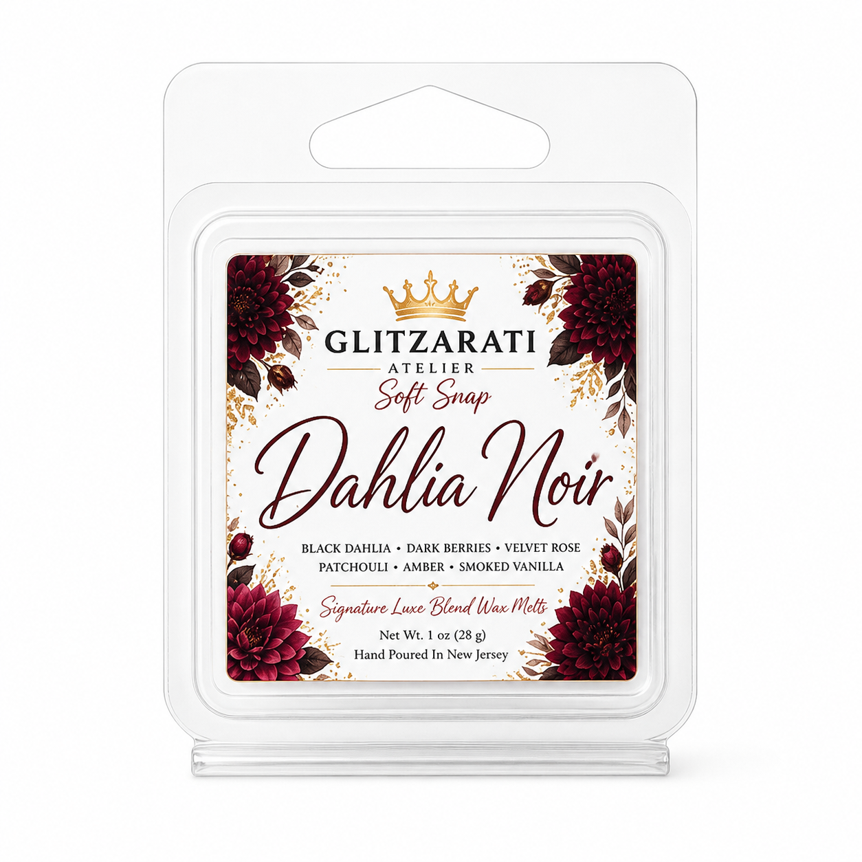 Dahlia Noir | Signature Luxe Blend Wax Melt | Dark Dahlia, Orange Blossom, Amber & Musk | 1 oz Clamshell | Glitzarati Atelier™