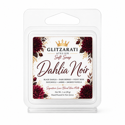 Dahlia Noir | Signature Luxe Blend Wax Melt | Dark Dahlia, Orange Blossom, Amber & Musk | 1 oz Clamshell | Glitzarati Atelier™