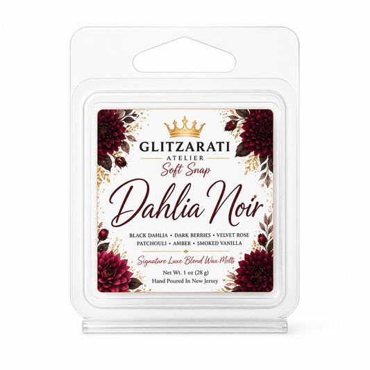 Dahlia Noir | Signature Luxe Blend Wax Melt | Dark Dahlia, Orange Blossom, Amber & Musk | 1 oz Clamshell | Glitzarati Atelier™