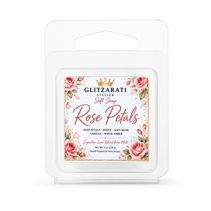 Rose Petals | Signature Luxe Blend Wax Melt | Fresh Rose, Green Leaves & Soft Powder | 1 oz Clamshell | Glitzarati Atelier™