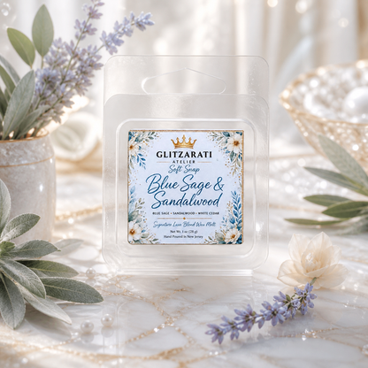Blue Sage & Sandalwood | Signature Luxe Blend Wax Melt | Blue Sage, Sandalwood, Lime & Amber | 1 oz Clamshell | Glitzarati Atelier™