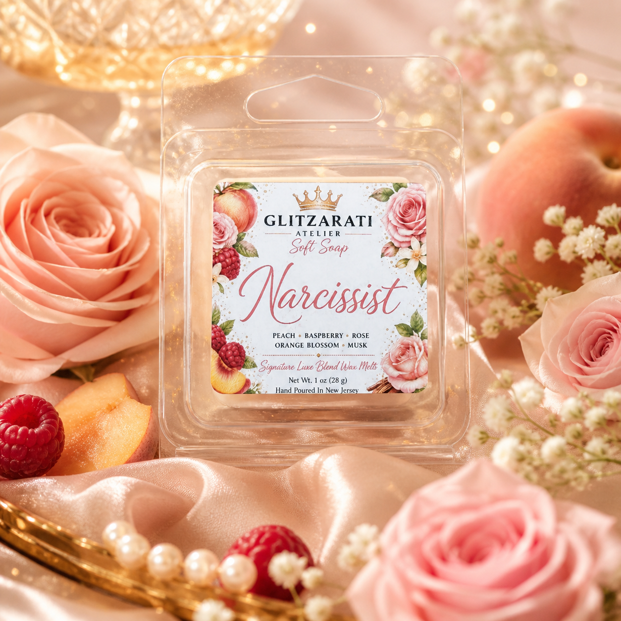Narcissist | Signature Luxe Blend Wax Melt | Peach, Raspberry, Rose, Musk & Sandalwood | 1 oz Clamshell | Glitzarati Atelier™