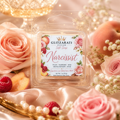 Narcissist | Signature Luxe Blend Wax Melt | Peach, Raspberry, Rose, Musk & Sandalwood | 1 oz Clamshell | Glitzarati Atelier™