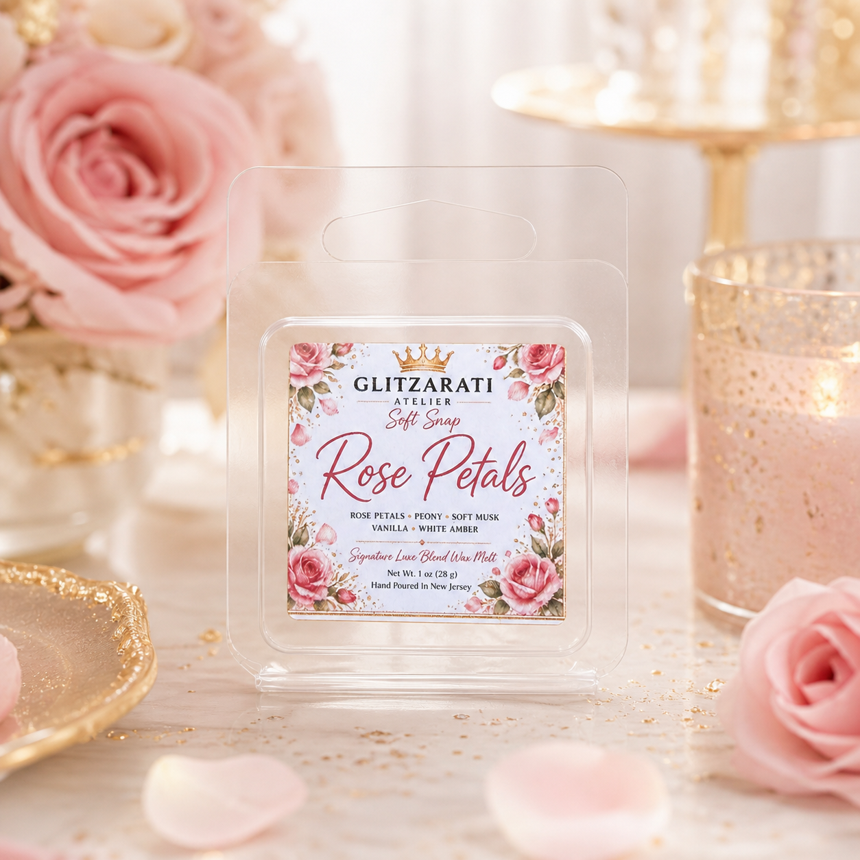 Rose Petals | Signature Luxe Blend Wax Melt | Fresh Rose, Green Leaves & Soft Powder | 1 oz Clamshell | Glitzarati Atelier™