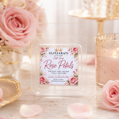 Rose Petals | Signature Luxe Blend Wax Melt | Fresh Rose, Green Leaves & Soft Powder | 1 oz Clamshell | Glitzarati Atelier™