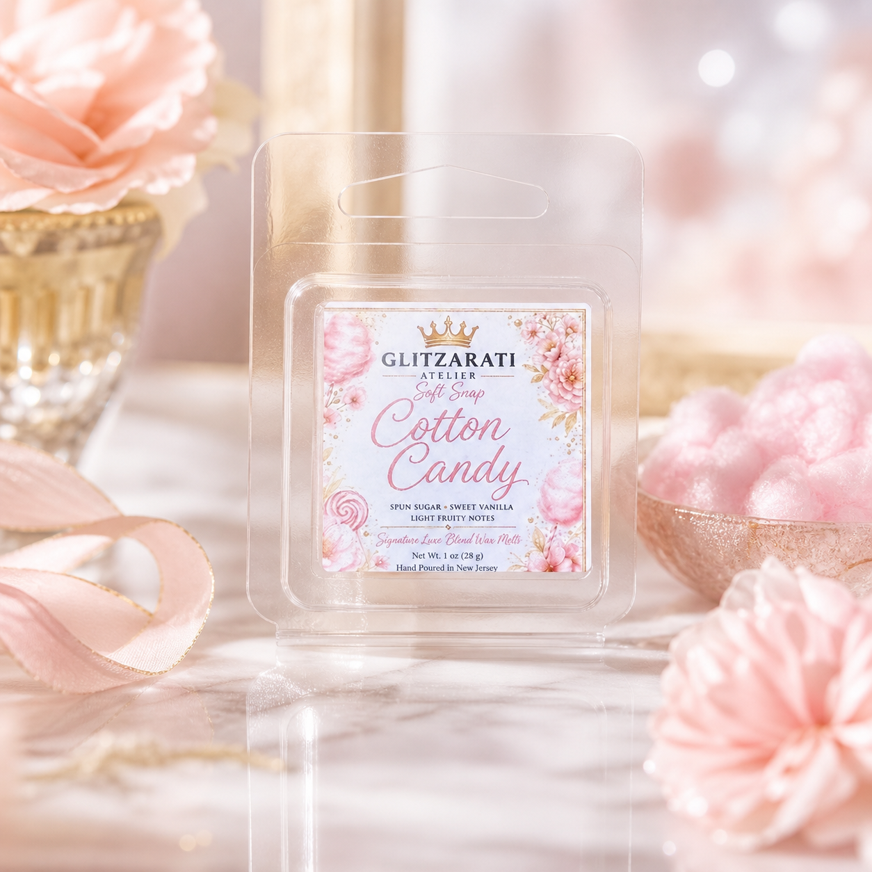 Cotton Candy | Signature Luxe Blend Wax Melt | Spun Sugar, Vanilla Fluff & Sweet Candy Clouds | 1 oz Clamshell | Glitzarati Atelier™