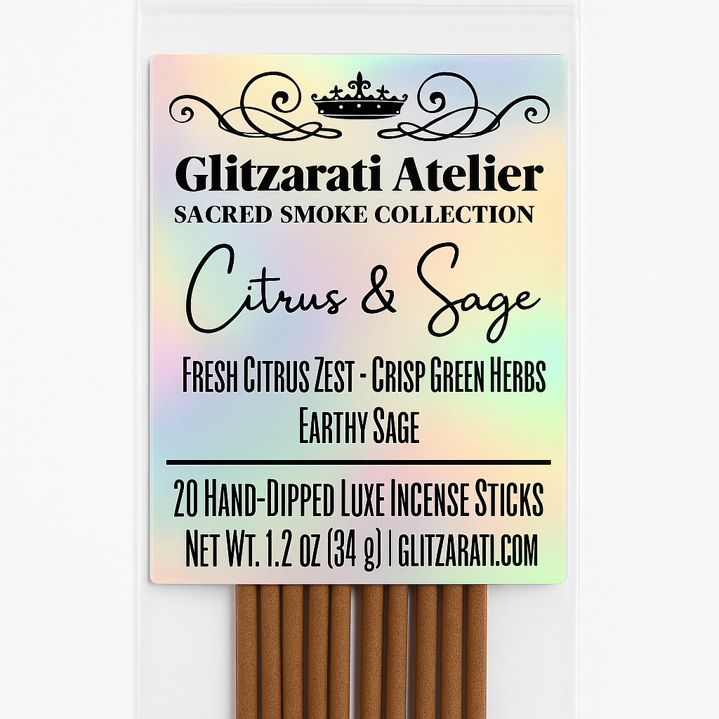 Glitzerati Atelier incense sticks packaging with a colorful label.