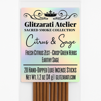 Glitzerati Atelier incense sticks packaging with a colorful label.