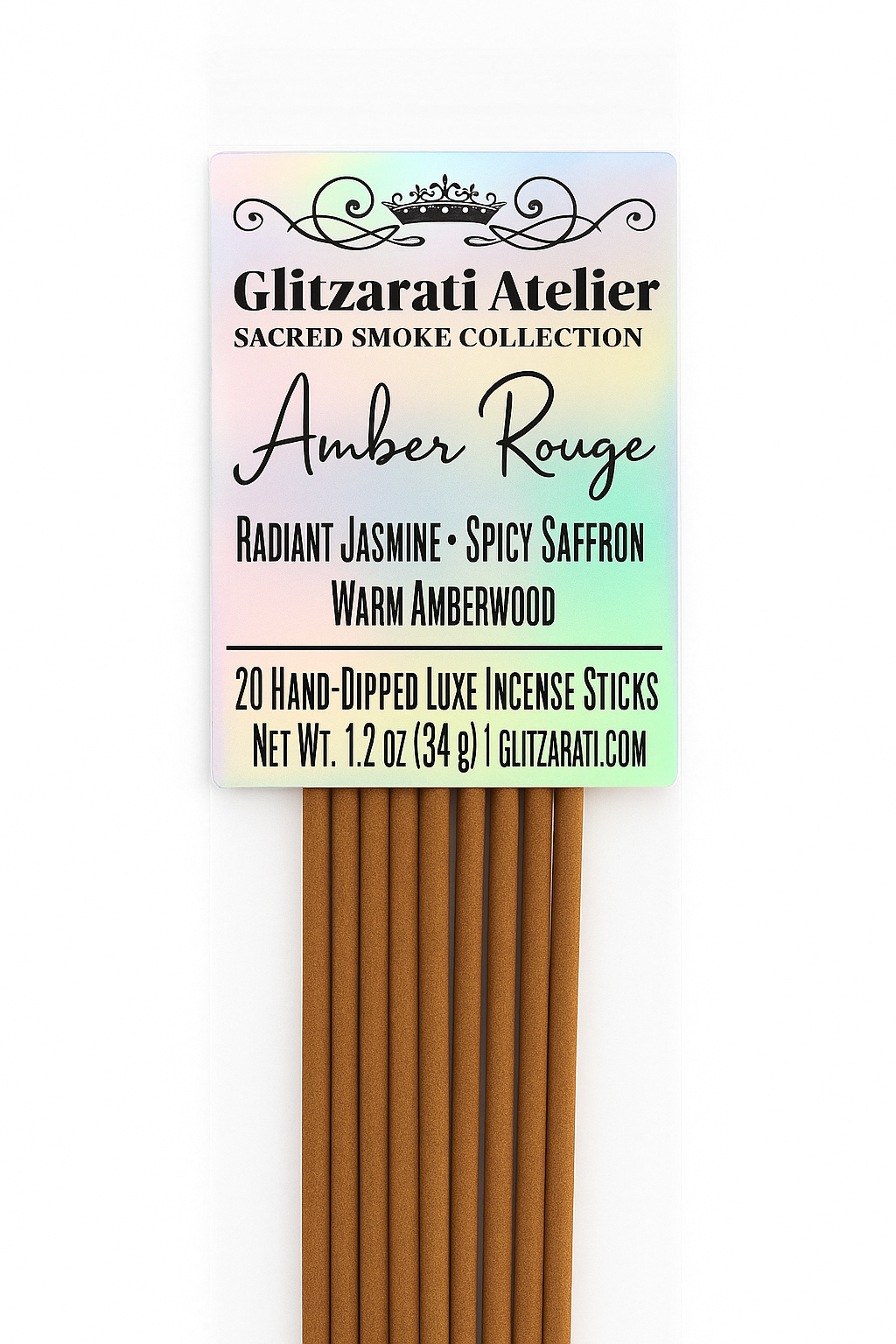 Glitzarati Atelier Amber Rouge incense sticks with colorful packaging on a white background