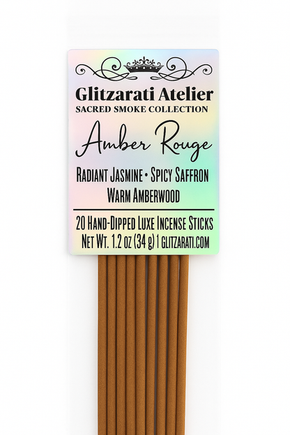 Glitzarati Atelier Amber Rouge incense sticks with colorful packaging on a white background