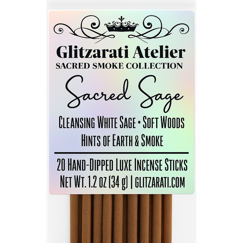Glitzerati Atelier Sacred Sage incense sticks packaging with brand name and product details.