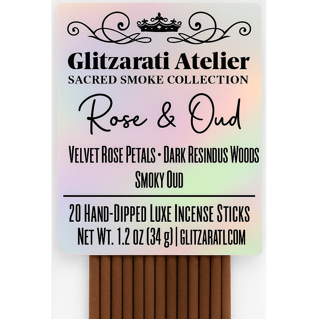 Glitzerati Atelier Sacred Smoke Collection Rose & Oud incense sticks packaging with a pastel gradient label.