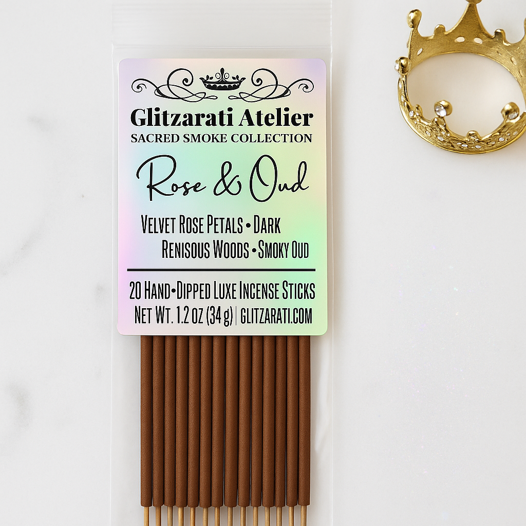 Pack of Glitzerati Atelier Rose & Oud incense sticks with packaging on a white background
