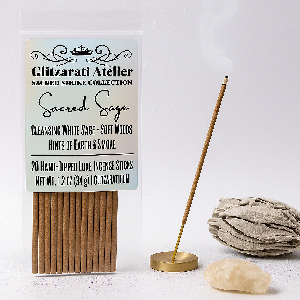Glitarzati Atelier Sacred Sage incense sticks with packaging, stand, and cloth on a light background