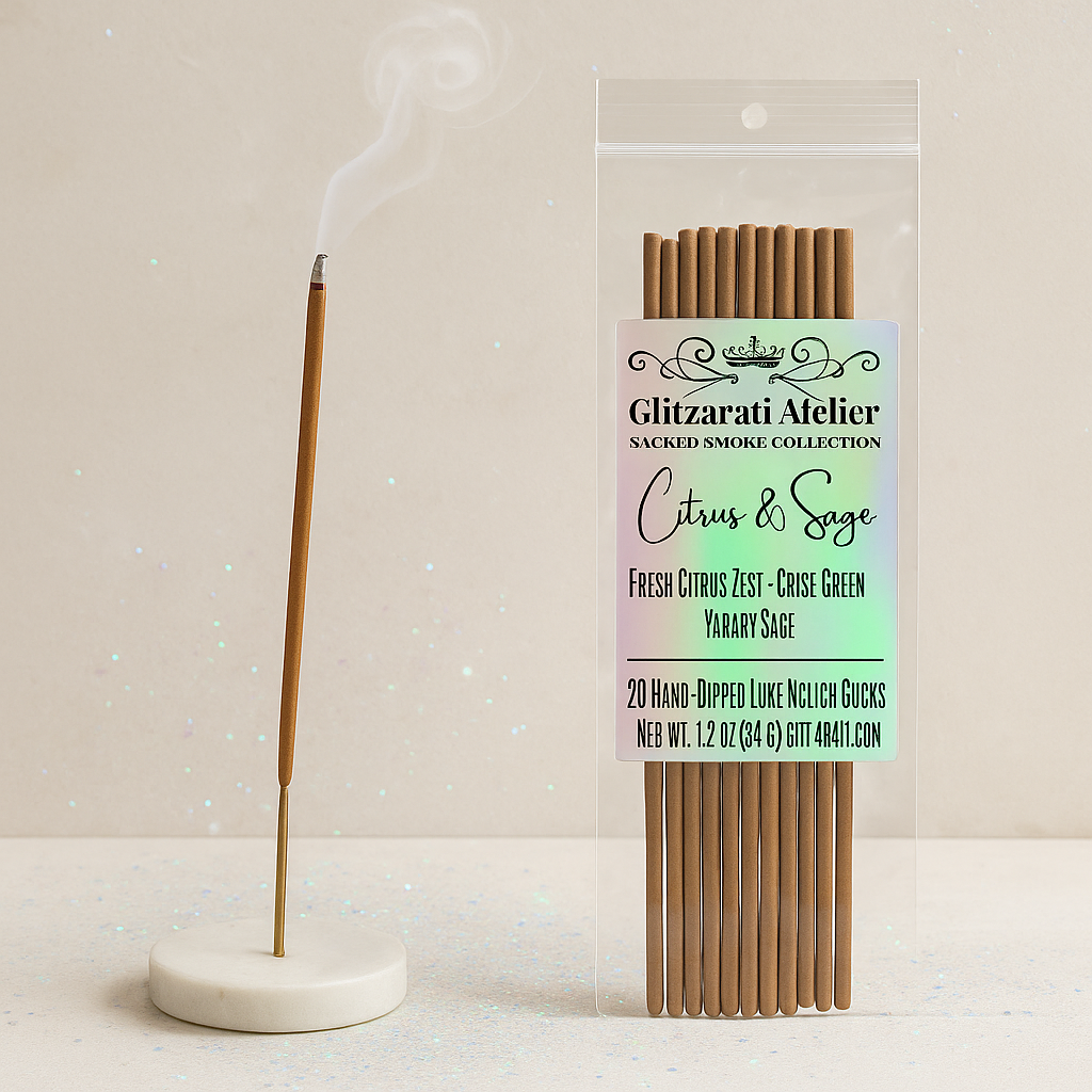 Incense sticks with packaging labeled 'Glitzarati Atelier' on a neutral background