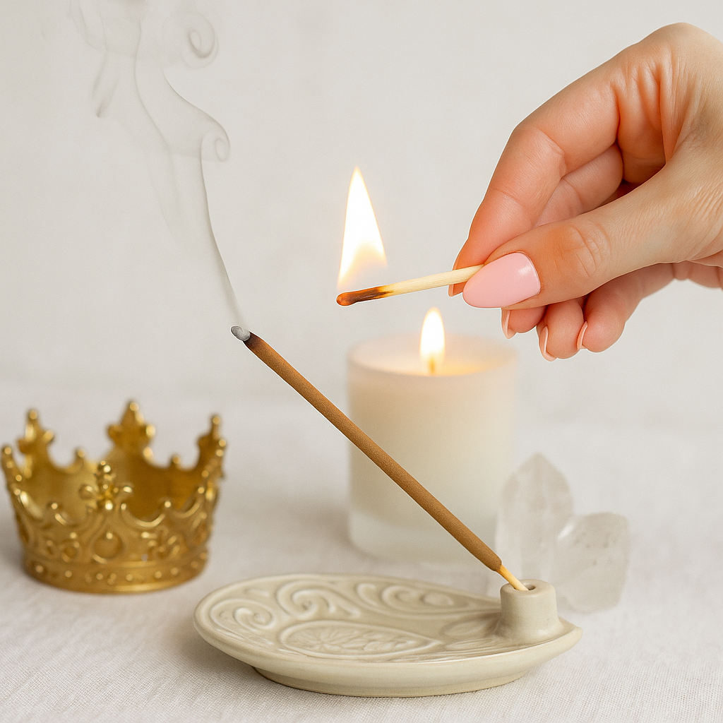 Hand lighting an incense stick with a match, next to a candle and a gold crown on a light background.