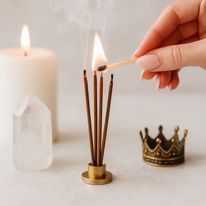Hand lighting incense sticks with a match, next to a candle and decorative crown on a light background
