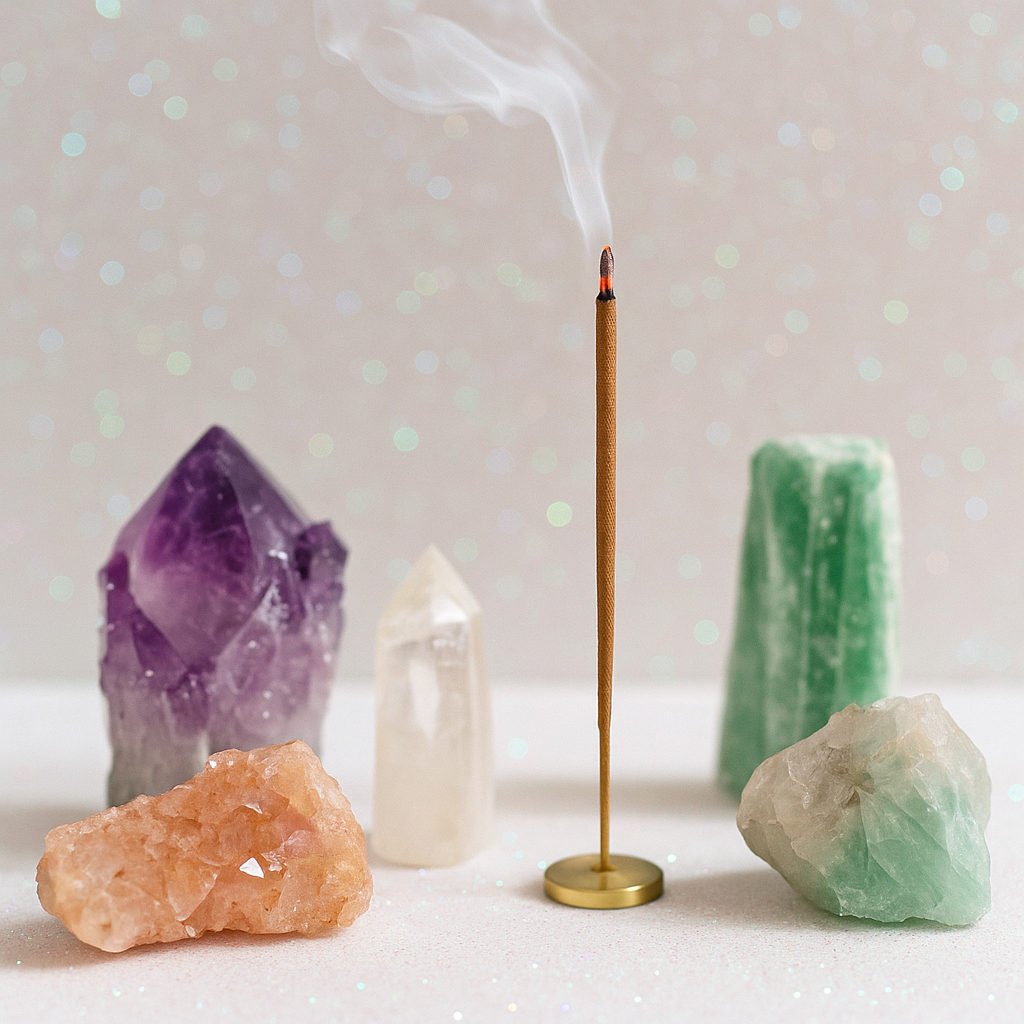 Incense stick with smoke surrounded by various crystals on a light background