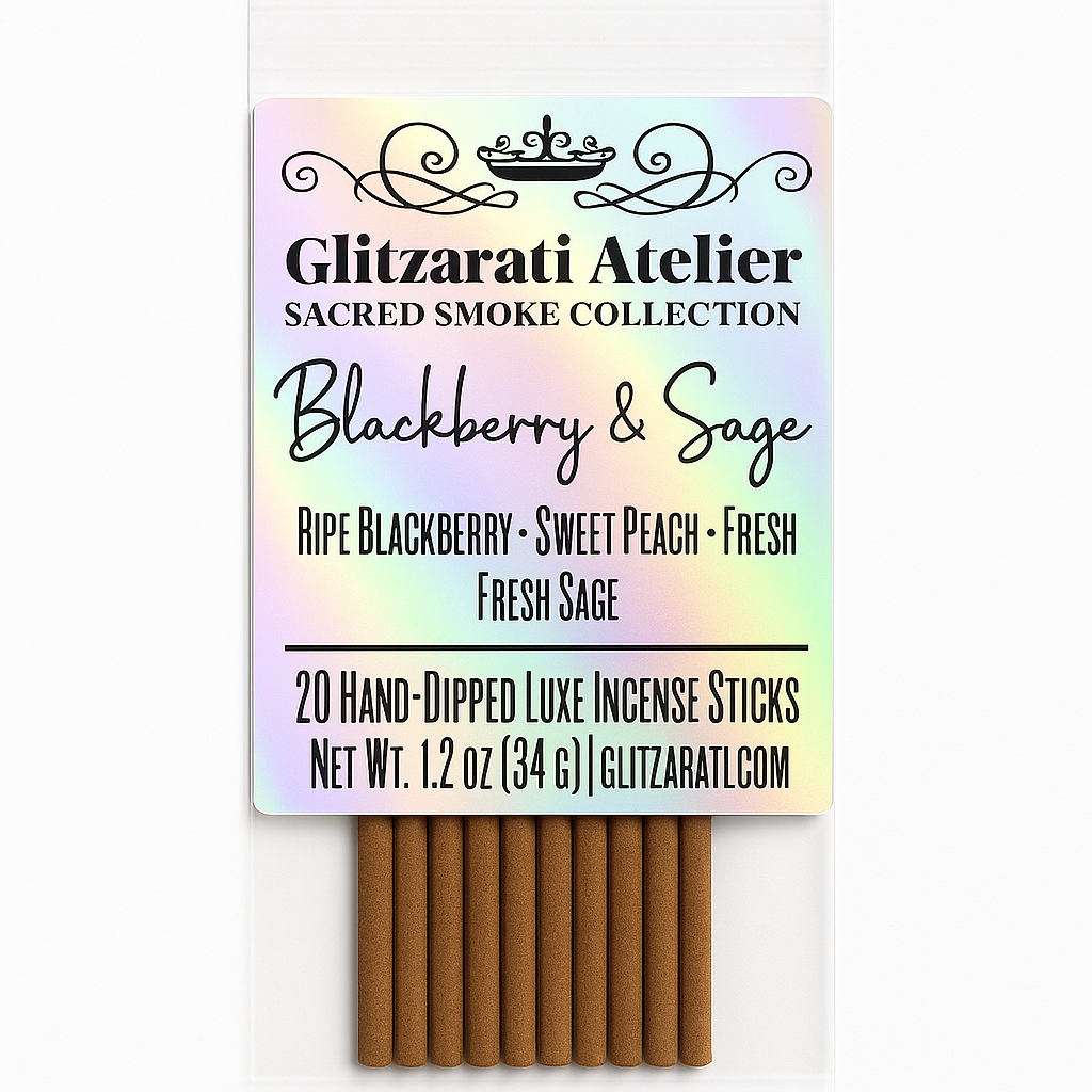 Pack of Glitzerati Atelier incense sticks with a colorful label on a white background