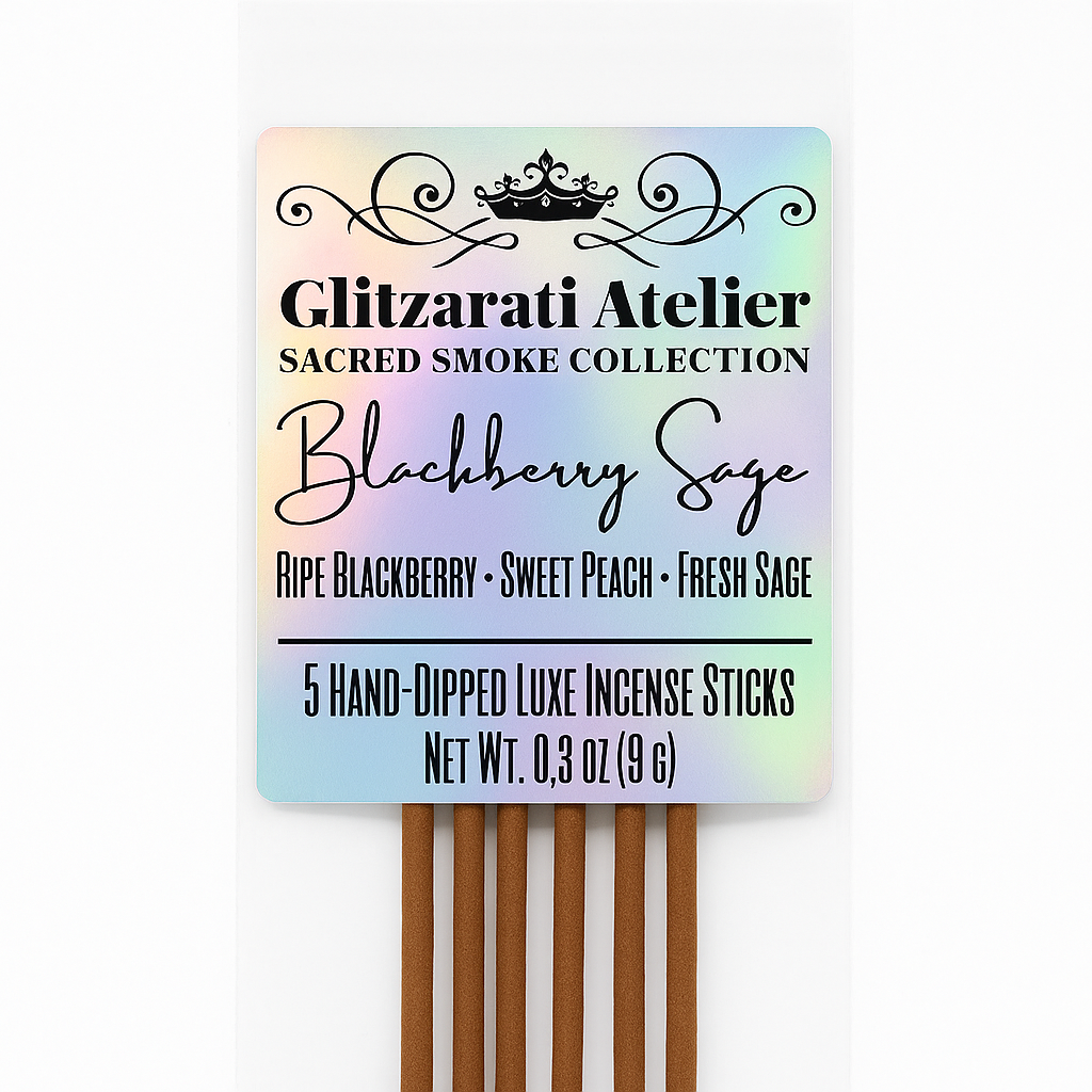Pack of Glitzarati Atelier incense sticks with a colorful label on a white background