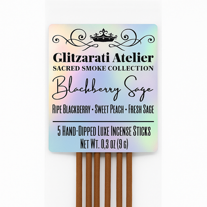 Pack of Glitzarati Atelier incense sticks with a colorful label on a white background