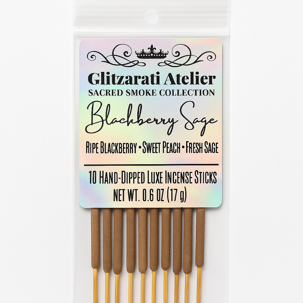 Pack of Glitzerati Atelier Blackberry Sage incense sticks with colorful label on a white background