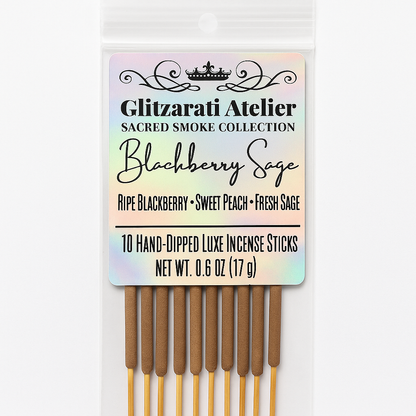 Pack of Glitzerati Atelier Blackberry Sage incense sticks with colorful label on a white background