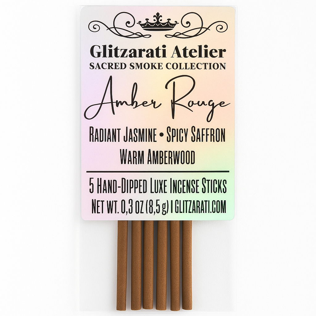 Pack of Glitzerati Atelier Amber Rouge incense sticks with a colorful label.