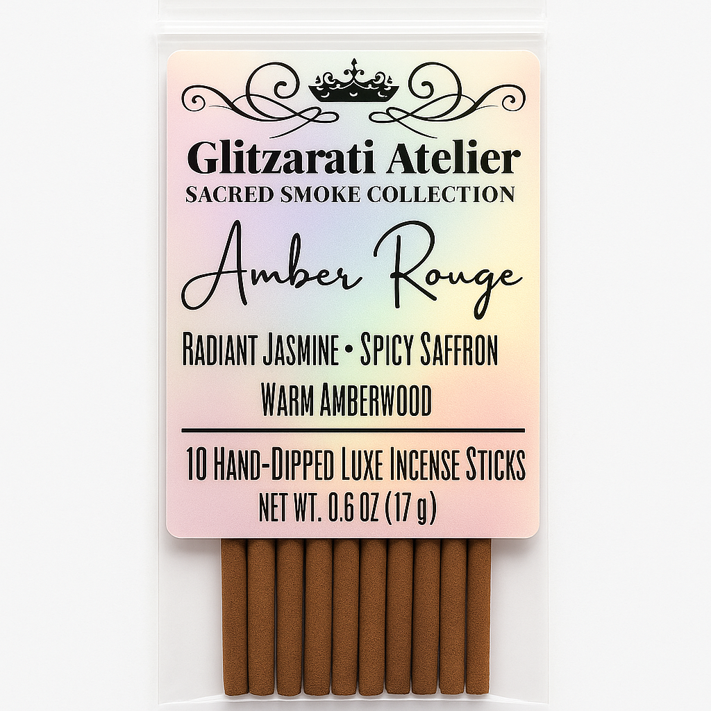 Pack of Glitzarati Atelier Amber Rouge incense sticks with a pastel gradient label.