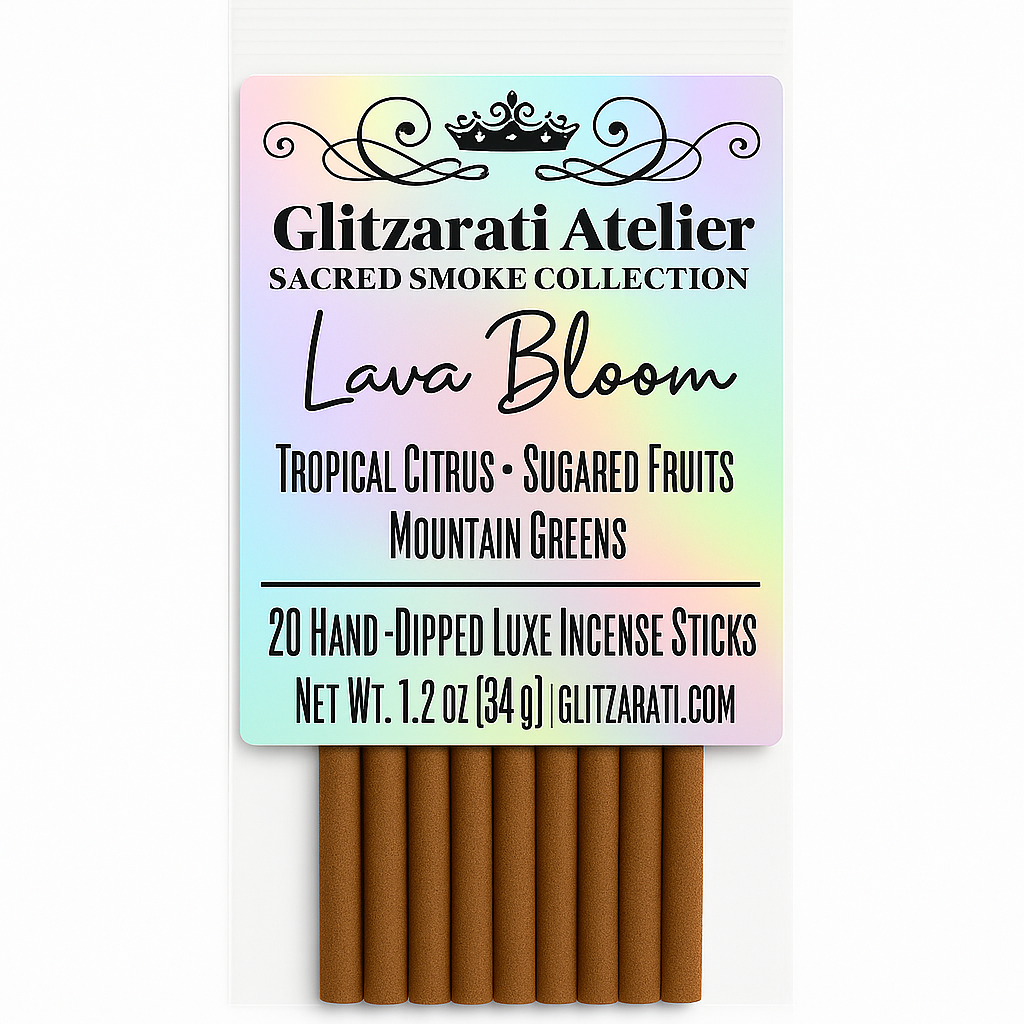 Pack of Glitzarati Atelier Lava Bloom incense sticks with colorful packaging.