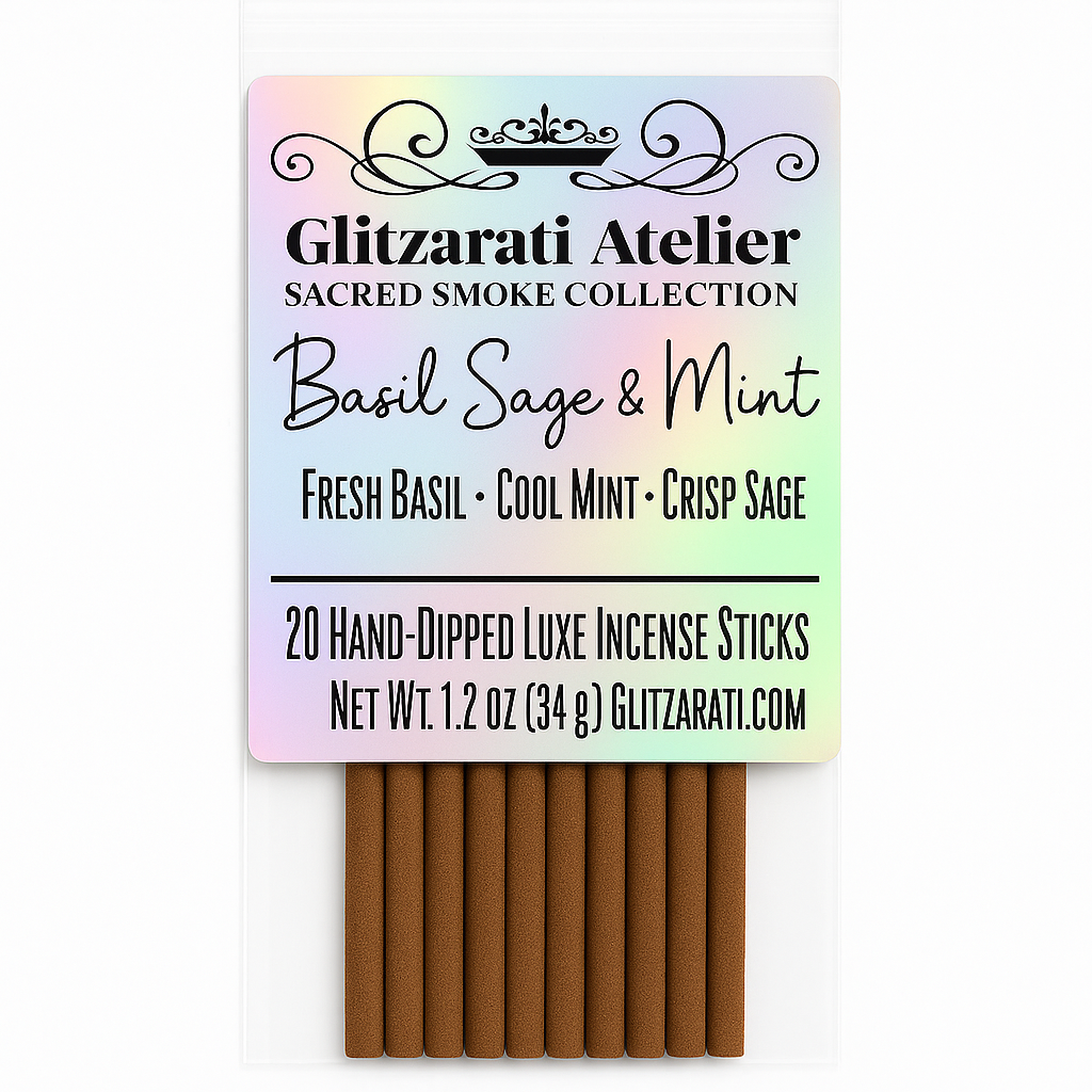Glitzarati Atelier Basil Sage & Mint incense sticks packaging with incense sticks inside.