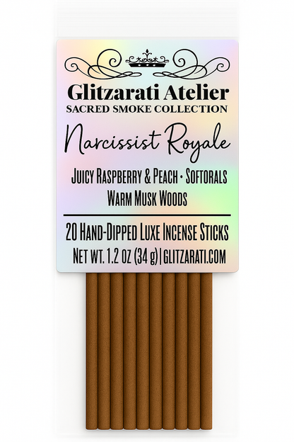 Glitzerati Atelier Narcissist Royale incense sticks with colorful packaging on a white background