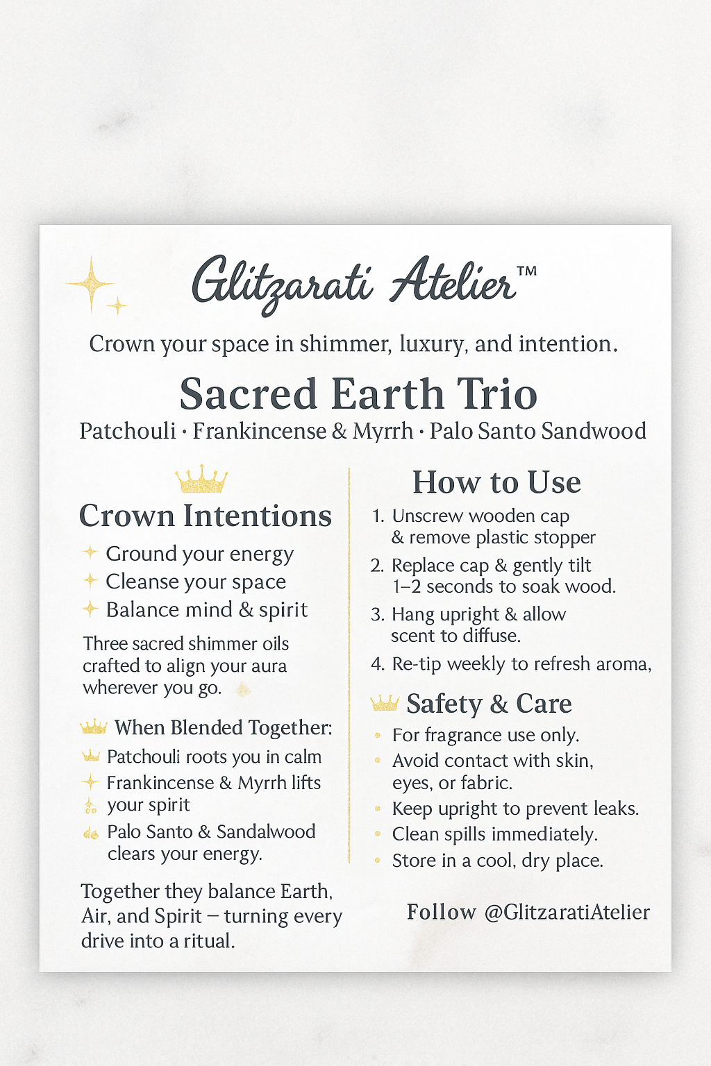 Sacred Earth Trio – Patchouli, Frankincense & Myrrh, Palo Santo & Sandalwood • Grounding Car Diffuser Gift Set | Glitzarati Atelier