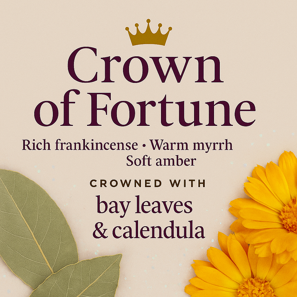 Advertisement for 'Crown of Fortune' with text and floral elements on a beige background