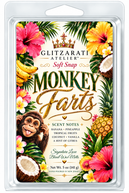 Monkey Farts | Signature Luxe Blend Wax Melt | Peach, Pineapple, Coconut & Creamy Vanilla | 5 oz Clamshell | Glitzarati Atelier™