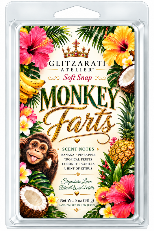 Monkey Farts | Signature Luxe Blend Wax Melt | Peach, Pineapple, Coconut & Creamy Vanilla | 5 oz Clamshell | Glitzarati Atelier™