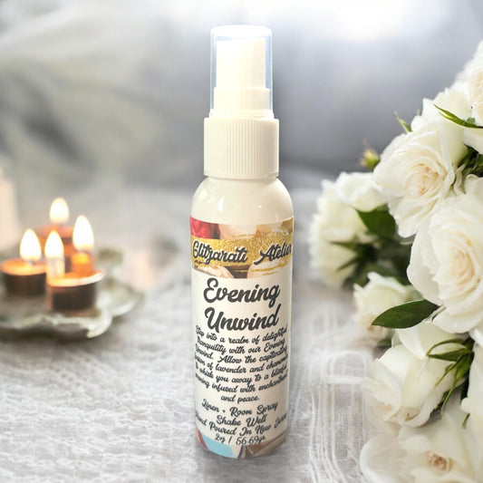 Linen & Room Fine Mist Spray – Evening Unwind | Natural 2oz Odor Freshener | Glitzarati Atelier