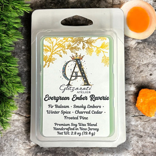 Wax melt packaging with brand label on a textured surface with decorative elements