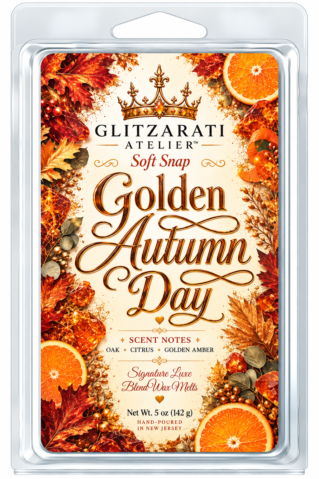 Golden Autumn Day | Signature Luxe Blend Wax Melt | Crisp Citrus, Oak Woods & Golden Amber | 5 oz Clamshell | Glitzarati Atelier™