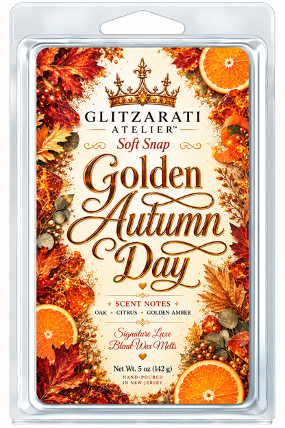 Golden Autumn Day | Signature Luxe Blend Wax Melt | Crisp Citrus, Oak Woods & Golden Amber | 5 oz Clamshell | Glitzarati Atelier™