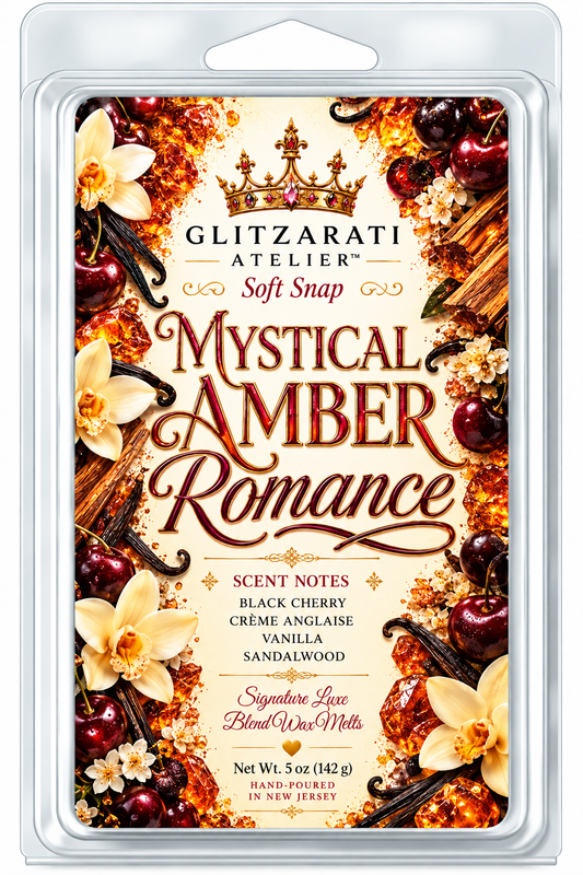 Mystical Amber Romance | Signature Luxe Blend Wax Melt | Soft Amber, Delicate Almond & Romantic Perfume | 5 oz Clamshell | Glitzarati Atelier™