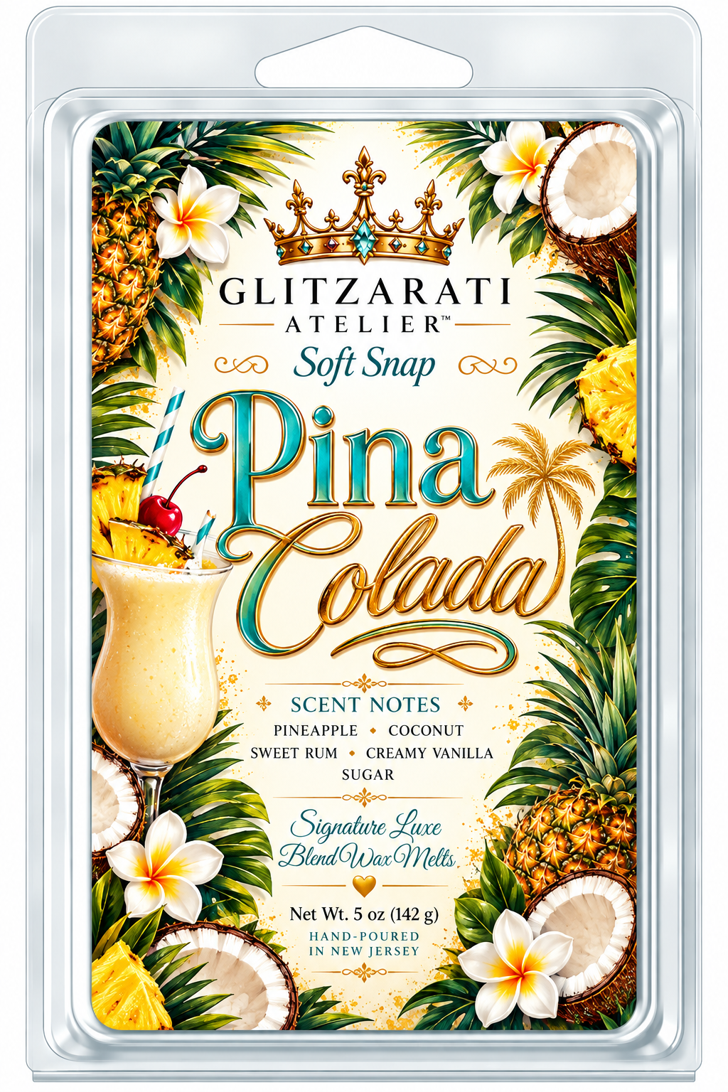 Piña Colada | Signature Luxe Blend Wax Melt | Juicy Pineapple, Sweet Coconut & Tropical Fruits | 5 oz Clamshell | Glitzarati Atelier™