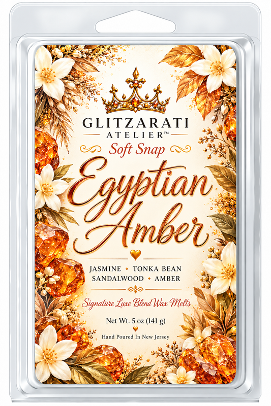 Egyptian Amber | Signature Luxe Blend Wax Melt | Amber, Sandalwood & Soft Musk | 5 oz Clamshell | Glitzarati Atelier™