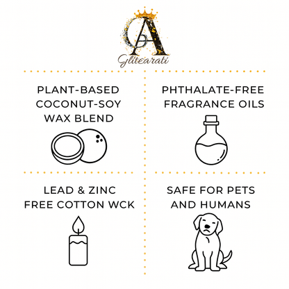 Product features with icons and text on a white background, including plant-based wax blend, phthalate-free fragrance oils, lead & zinc free cotton wick, and safe for pets and humans.