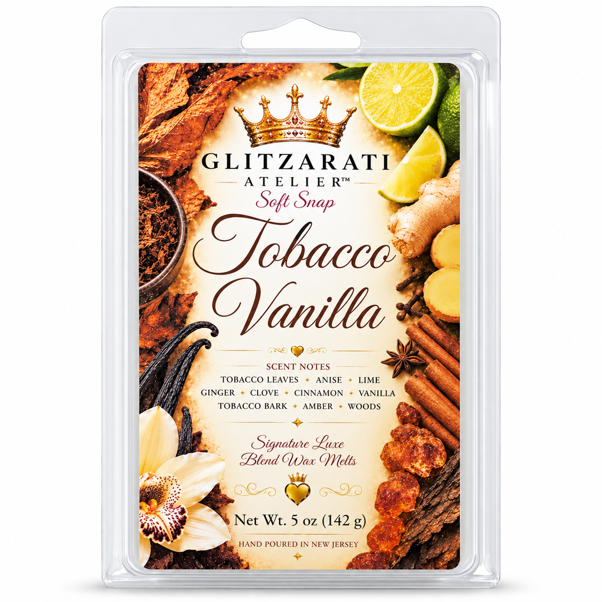 Tobacco Vanilla | Signature Luxe Blend Wax Melt | Warm Tobacco, Vanilla Woods & Amber Spice | 5 oz Clamshell | Glitzarati Atelier™