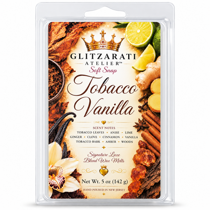 Tobacco Vanilla | Signature Luxe Blend Wax Melt | Warm Tobacco, Vanilla Woods & Amber Spice | 5 oz Clamshell | Glitzarati Atelier™