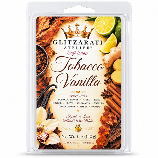 Tobacco Vanilla | Signature Luxe Blend Wax Melt | Warm Tobacco, Vanilla Woods & Amber Spice | 5 oz Clamshell | Glitzarati Atelier™
