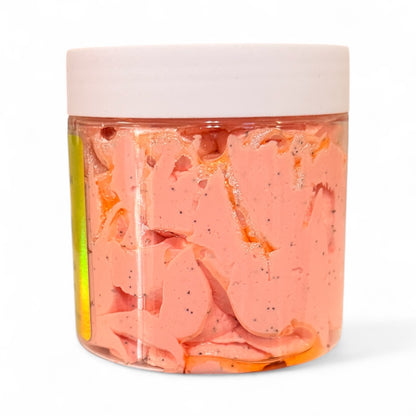 Clear container with pink contents on a white background